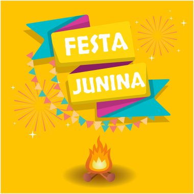 Festa Junina şerit bayrak şenlik ateşi havai fişek turuncu arka plana vektör görüntü