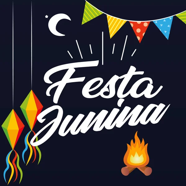 Festa Junina Lamp Flag Костёр Чёрном Фоне Векторное Изображение — стоковый вектор