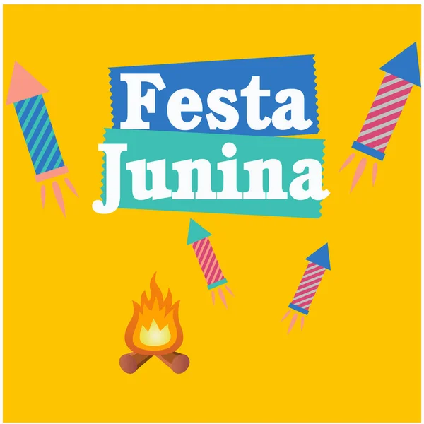 Festa Junina Máglya Rakéta Tűzijáték Narancssárga Háttér Vektor Kép — Stock Vector