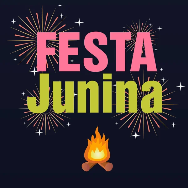 Festa Junina Máglya Tűzijáték Fekete Háttér Vektor Kép — Stock Vector