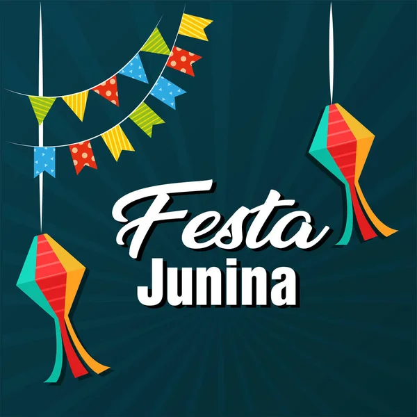 Festa Junina Bandeiras Lanterna Azul Escuro Fundo Vector Imagem —  Vetores de Stock