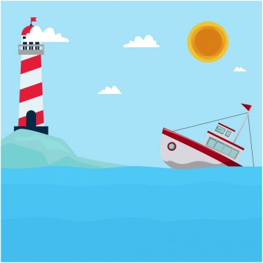 Deniz feneri gemi bulut güneş mavi arka plan vektör görüntü