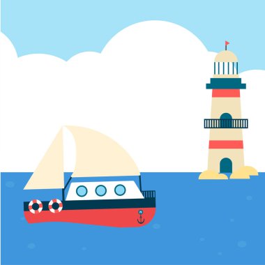 Mavi deniz tekne deniz feneri bulut arka plan vektör görüntü