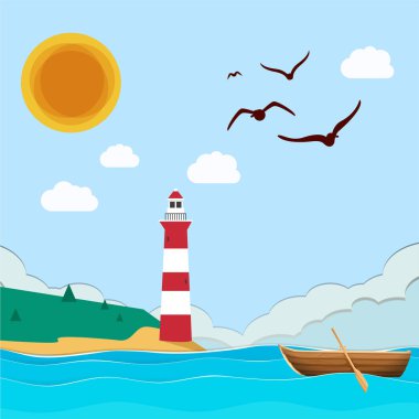 Deniz feneri tekne güneş mavi gökyüzü arka plan vektör görüntü