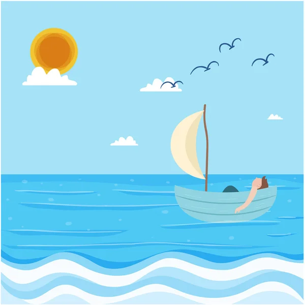 Hombre Mar Flotando Barco Azul Cielo Fondo Vector Imagen — Vector de stock