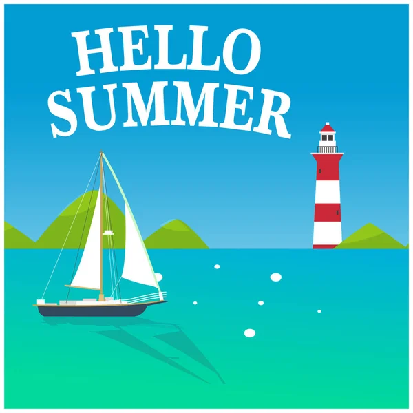 Hello Summer Blue Sea Voilier Fond Écran Phare Image Vectorielle — Image vectorielle