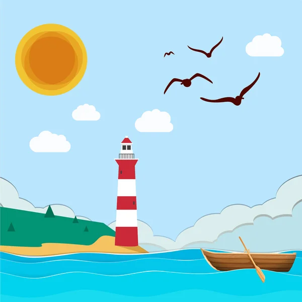 Морской Маяк Лодка Sun Blue Sky Background Vector Image — стоковый вектор