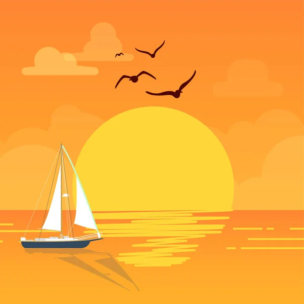 Meer Segelboot Sonnenuntergang Vogel Orange Hintergrund Vektor Bild — Stockvektor