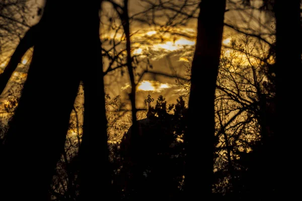 Σταυρός Συννεφιασμένο Ηλιοβασίλεμα Και Δέντρα — Φωτογραφία Αρχείου