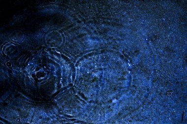 Su, su birikintisi, damlalar, ışık ve mavi daireler