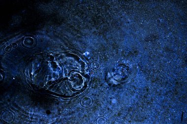 Su, su birikintisi, damlalar, ışık ve mavi daireler