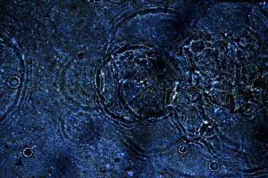 Su, su birikintisi, damlalar, ışık ve mavi daireler