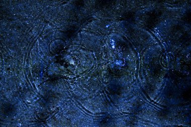 Su, su birikintisi, damlalar, ışık ve mavi daireler