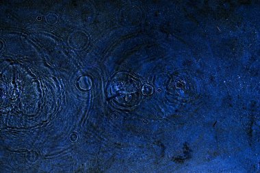 Su, su birikintisi, damlalar, ışık ve mavi daireler