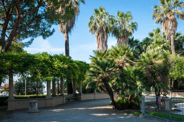 Όμορφο κήπο με φοίνικες και ένα σιντριβάνι στο San Remo — Φωτογραφία Αρχείου