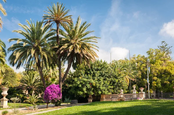 Beau jardin avec palmiers et fontaine à San Remo — Photo