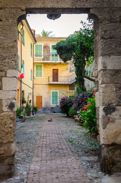 Il cortile con molti fiori nell'antica città di Ventimiglia. Italia . — Foto Stock