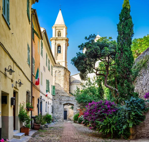 Il cortile con molti fiori nell'antica città di Ventimiglia. Italia . — Foto Stock