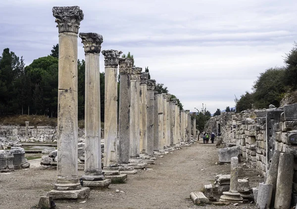 以弗所的Agora广场上的柱子 一座古希腊罗马城市 古城研究中使用的古城道路样本图片 — 图库照片