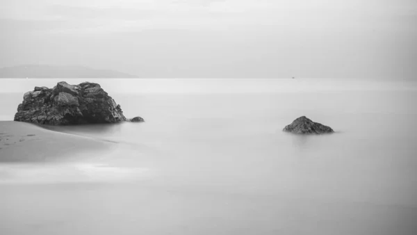 Černobílý Obraz Kamení Vln Tvaru Peří Pobřeží Měkké Zaměření Způsobené — Stock fotografie