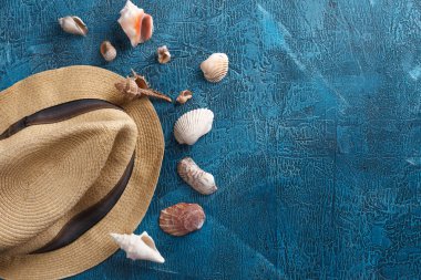 Yaz tatili, turizm, seyahat, tatil kavramı. Deniz kabukları, plaj şapka ve ahşap zemin üzerine mavi renkler. Metin için yer ile Üstten Görünüm