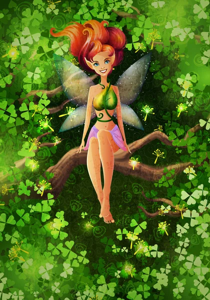 Fairy character sitting on a tree branch vector illustration — ストックベクタ