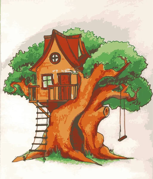 La cabane. Maison sur arbre pour les enfants. Aire de jeux pour enfants avec terrasse, balançoire et échelle illustration — Image vectorielle