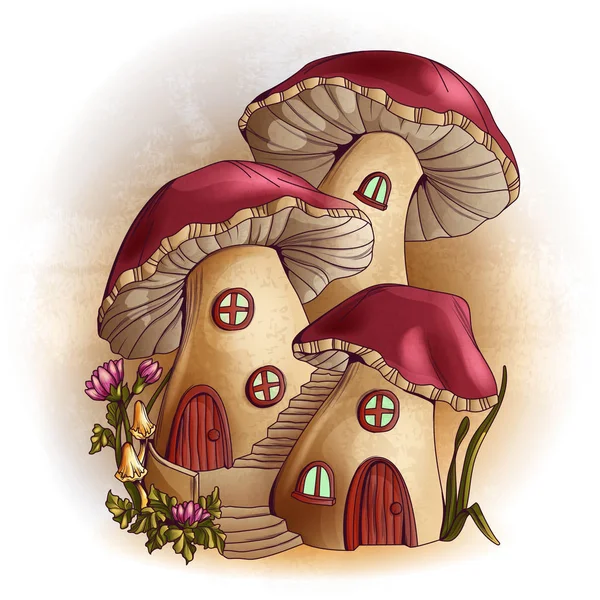 Mushroom houses fairy tale illustration — Stock Vector