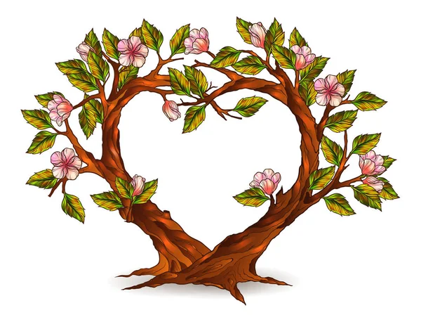 Ağaçlar çiçek çizim ile kalp şeklinde — Stok Vektör