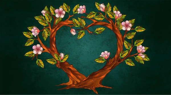Δέντρα με εικονογράφηση λουλούδια σε σχήμα καρδιάς — Διανυσματικό Αρχείο