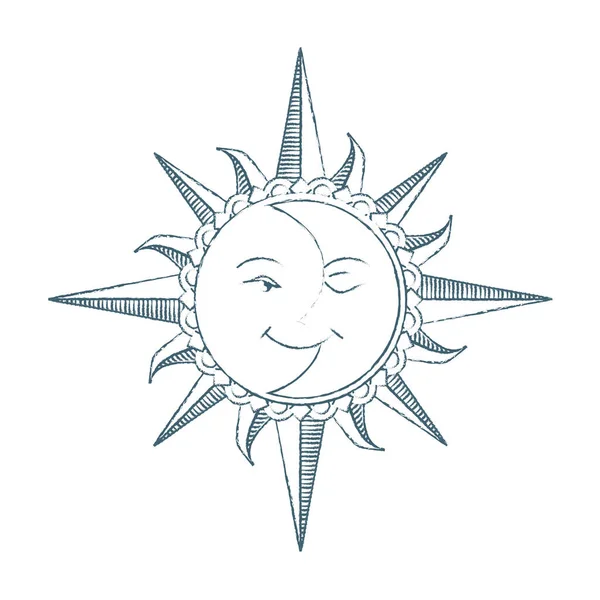 Vintage-Stil handgezeichnete Sonne und Mond. Alchemie-Symbol. Tätowierung design.Vektor Illustration. — Stockvektor