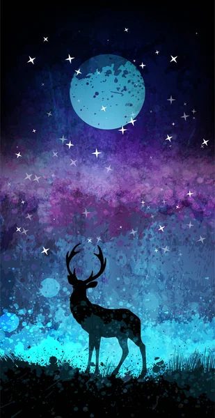 Silhouette de cerf devant un ciel nocturne lumineux avec lune et étoiles — Image vectorielle