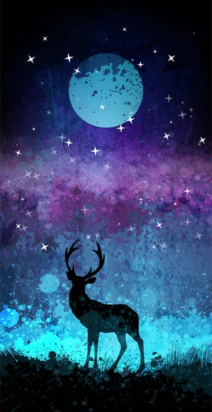 Hirschsilhouette vor hellem Nachthimmel mit Mond und Sternen — Stockvektor