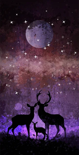 Silhouette de famille de cerfs devant un ciel nocturne lumineux avec lune et étoiles — Image vectorielle