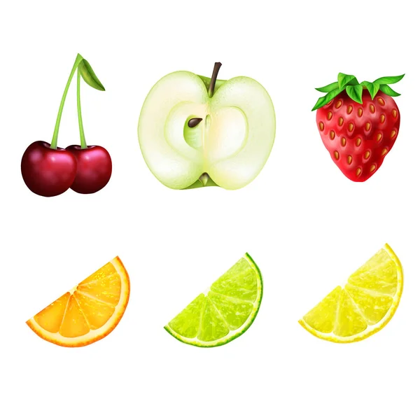 Aantal realistische vruchten, kersen, aardbei, gesneden appel, citroen, limoen en sinaasappel — Stockvector
