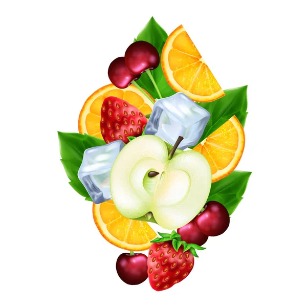 Group of realistic fruits abd ice cubes — Stock Vector