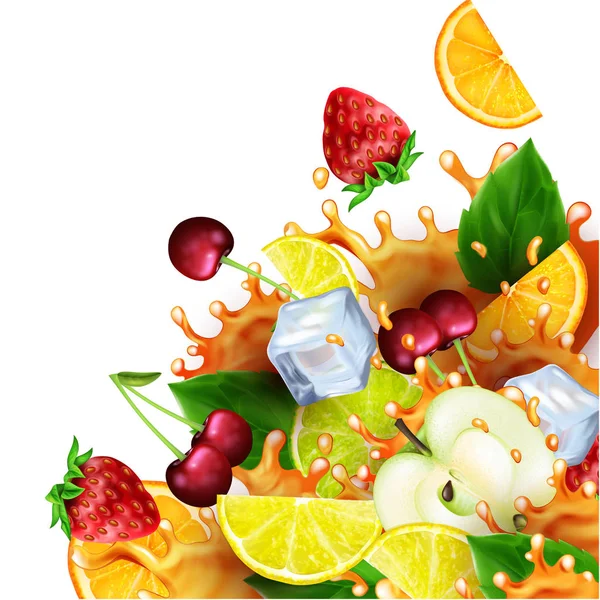 Group of fruits and ice cubes with realistic splashes of juice — Stock Vector