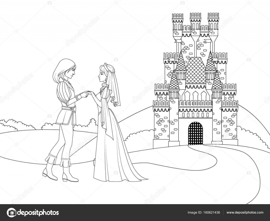 Livre de coloriage Prince et princesse devant le ch¢teau — Image vectorielle