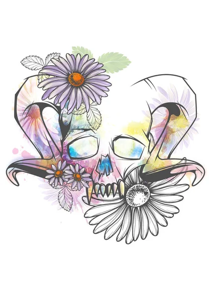 Calavera humana con cuernos y dientes afilados decorados con brillantes salpicaduras de acuarela y flores — Vector de stock