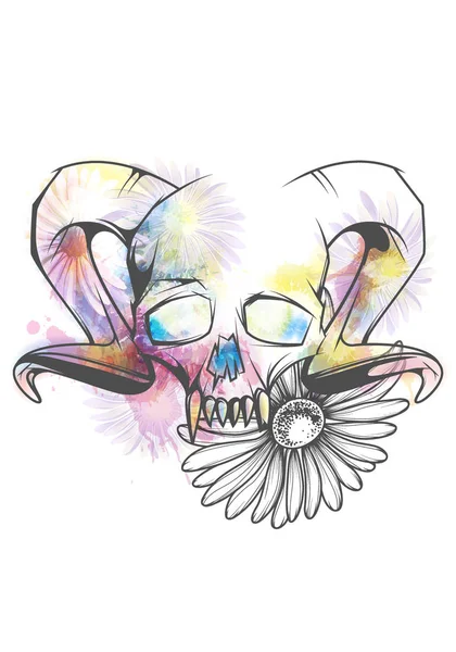 Human skull with horns and sharp teeth decorated with bright watercolor splashes and flowers — Stock Vector