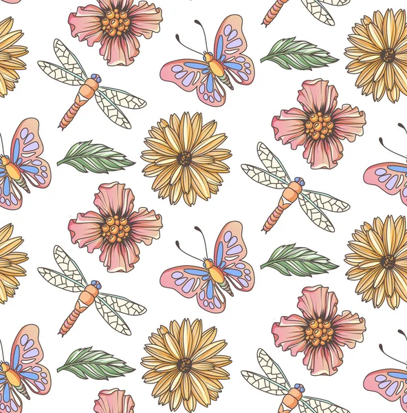Nahtlose Textur mit Blumen und Libellen für Scrapbooking — Stockvektor