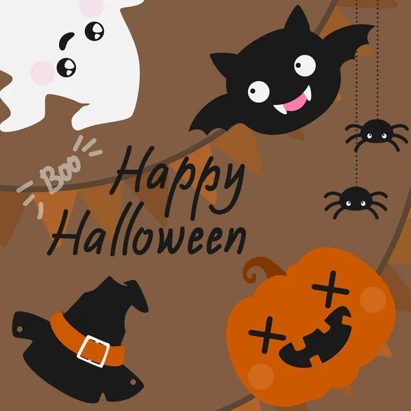 Niedliche Halloween-Karte mit Spinnen, Geist und Jack-o '-Laterne — Stockvektor