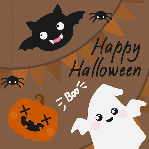 Roztomilá Halloween karta s pavouky, duch, bat a Lampion — Stockový vektor