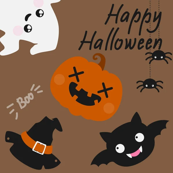 Mignon Haloween carte avec des espions, fantôme et Jack-o '-lanterne — Image vectorielle