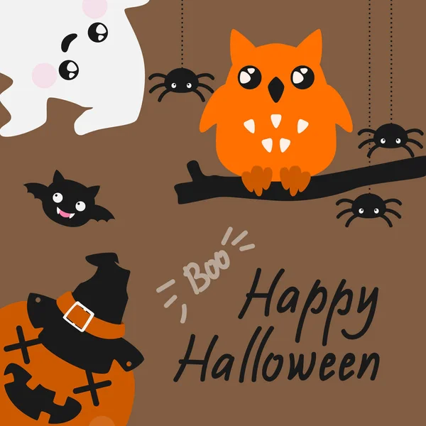 Roztomilá Halloween karta s pavouky, duch a sova — Stockový vektor