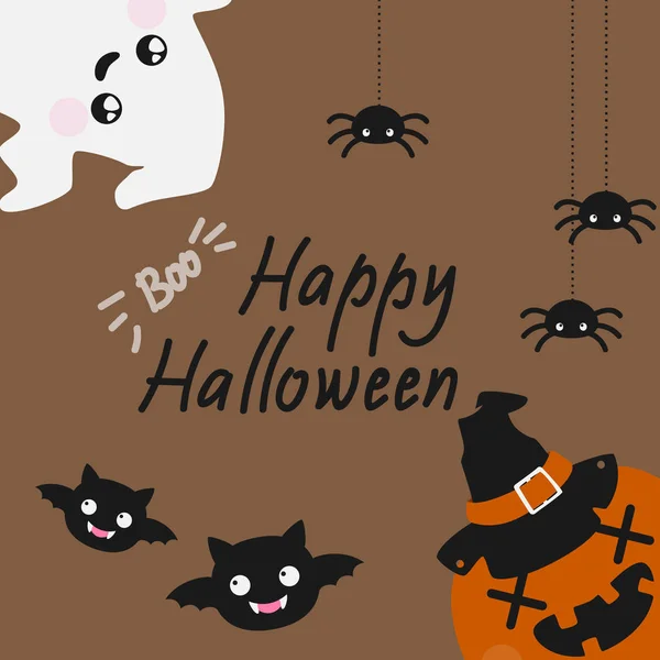 Niedliche Halloween-Karte mit Spinnen, Geist und Fledermaus — Stockvektor