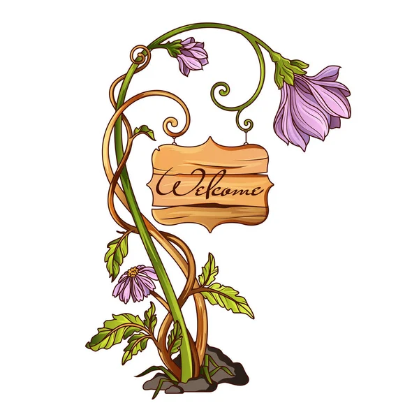 Fleur avec plaque en bois avec lettrage "bienvenue " — Image vectorielle