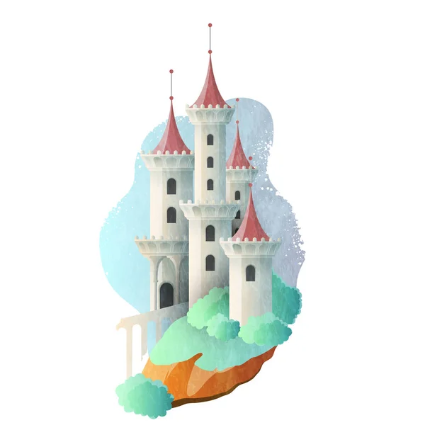 Castelo mágico de conto de fadas com torres altas. Ilustração vetorial — Vetor de Stock