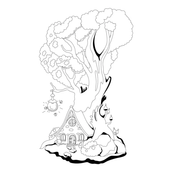 Coloring book: Magic house in roots of the tree. Fairy tale vector illustration Royalty Free Stock Illustrations