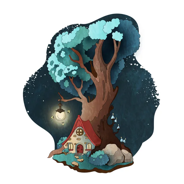 Casa mágica nas raízes da árvore. Ilustração vetorial de conto de fadas — Vetor de Stock